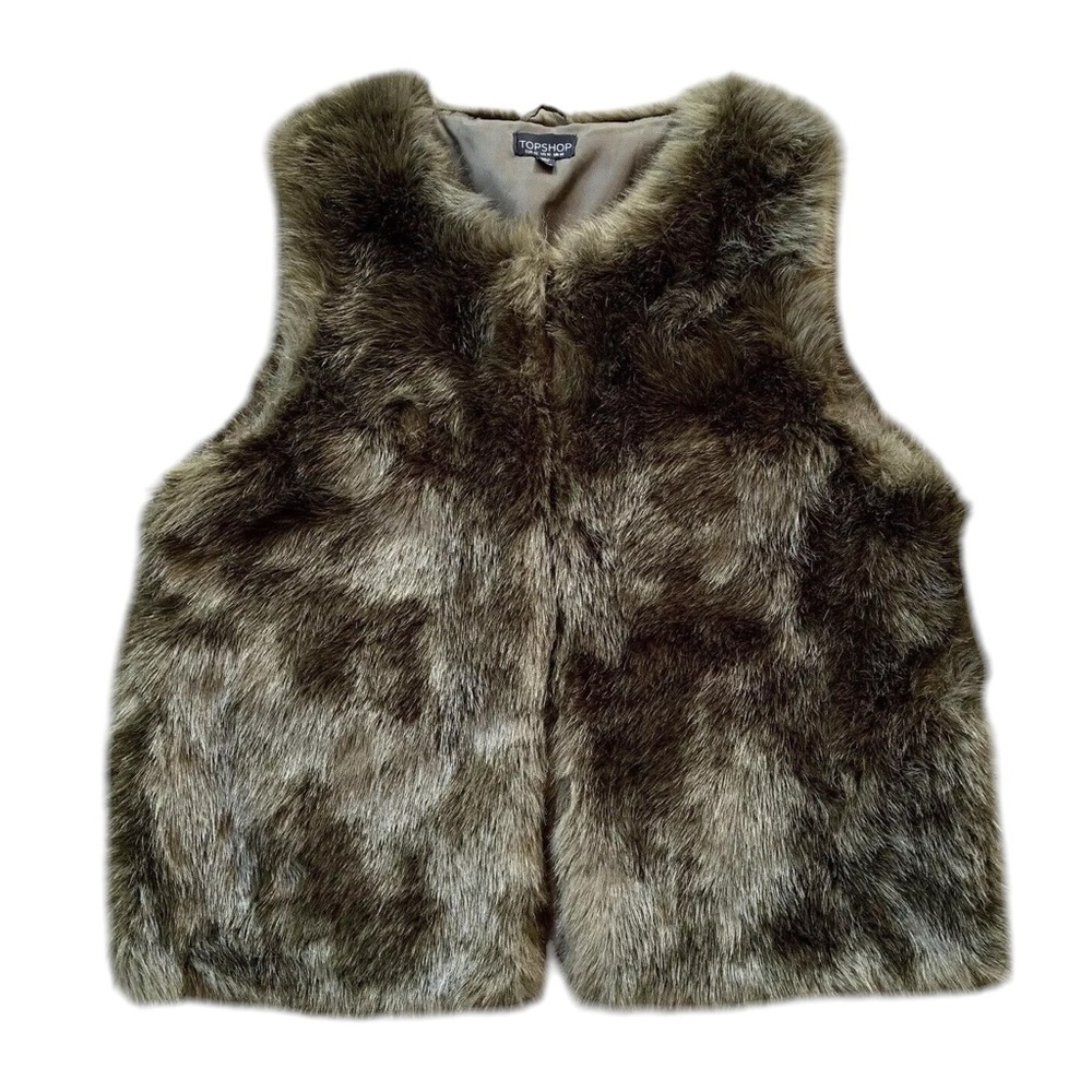 Topshop Sleeveless Faux Fur Boxy Vest Jacket Brown Tan Size UK 14 US 10